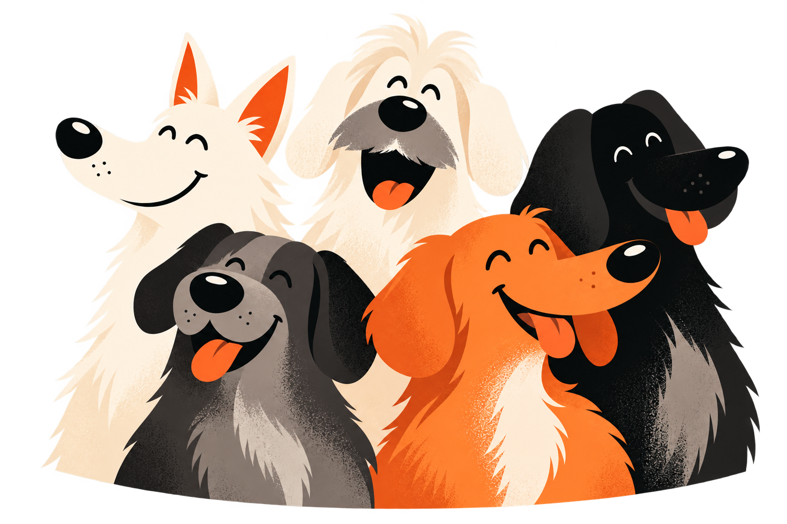 Five happy illustrated dogs